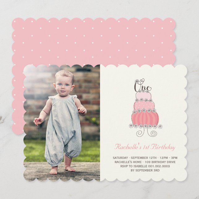 Whimsical Pink Cake Baby Girl First Birthday Photo Invitation (Front/Back)