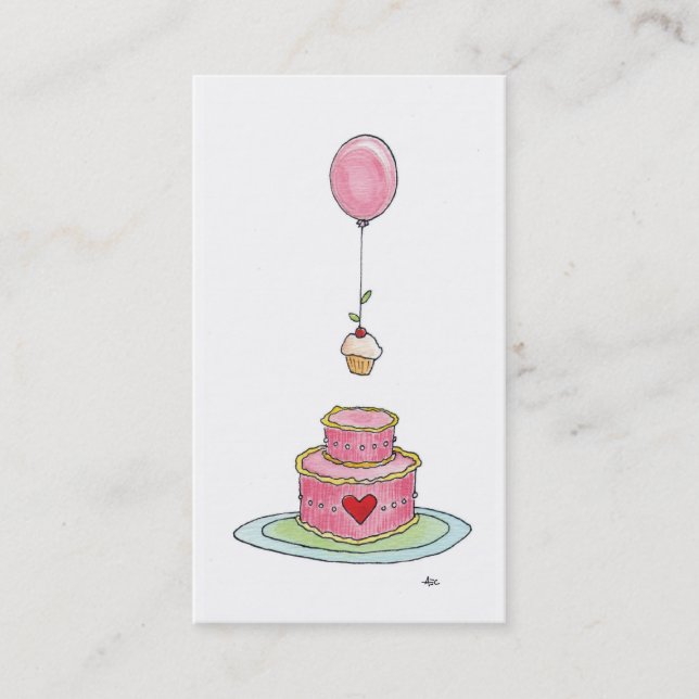 Whimsical Pink Cake Balloon  & Cupcake Business Card (Front)