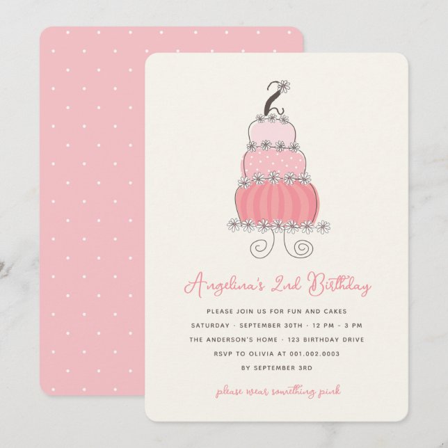 Whimsical Pink Cake Girl 2nd Birthday Party Invite (Front/Back)