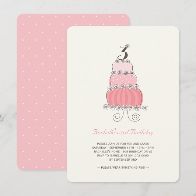 Whimsical Pink Cake Girl 3rd Birthday Party Invite (Front/Back)