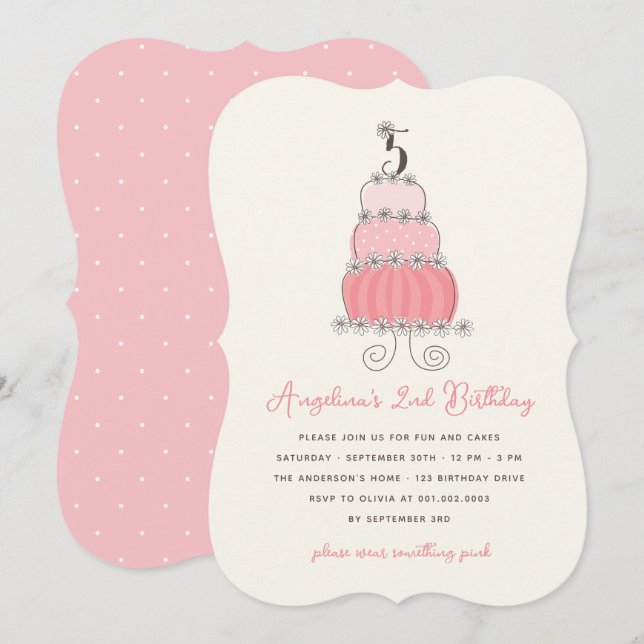 Whimsical Pink Cake Girl 5th Birthday Party Invite (Front/Back)