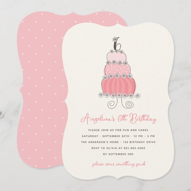 Whimsical Pink Cake Girl 6th Birthday Party Invite (Front/Back)