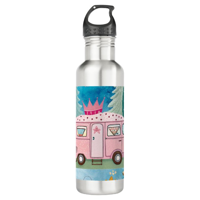 Whimsical Pink Camper Van Camping Scene 710 Ml Water Bottle (Front)