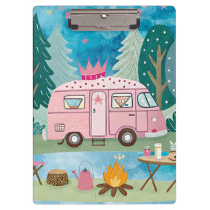 Whimsical Pink Camper Van Camping Scene Clipboard