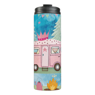 Whimsical Pink Camper Van Camping Scene Thermal Tumbler