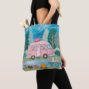 Whimsical Pink Camper Van Camping Scene Tote Bag
