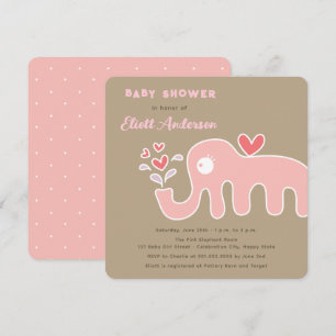 Whimsical Pink Cartoon Elephant Girl Baby Shower Invitation