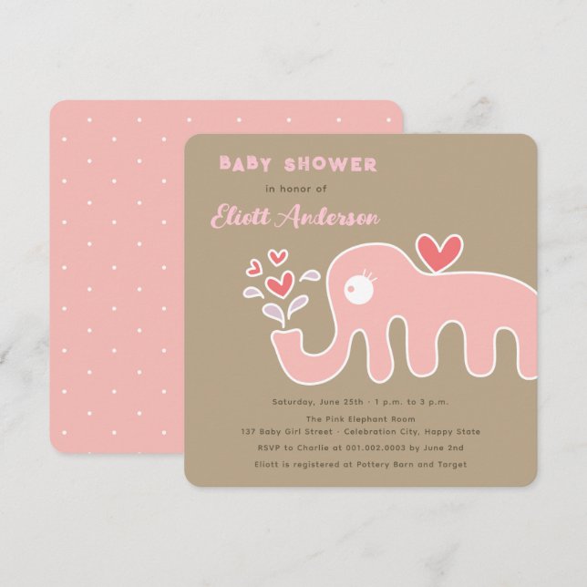 Whimsical Pink Cartoon Elephant Girl Baby Shower Invitation (Front/Back)