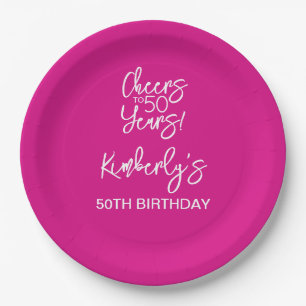 Whimsical Pink Cheers to 50 Years Birthday Paper Plate