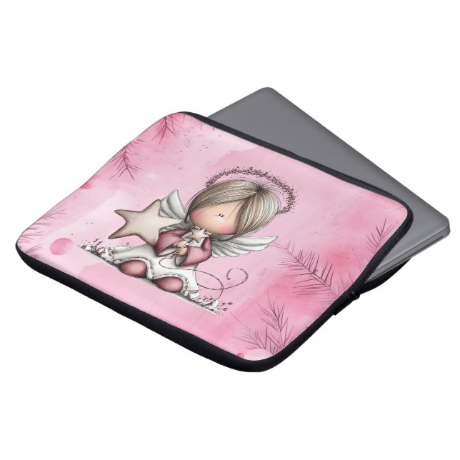 Whimsical Pink Christmas Angel Laptop Sleeve (Front Top)