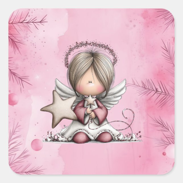 Whimsical Pink Christmas Angel Square Sticker (Front)