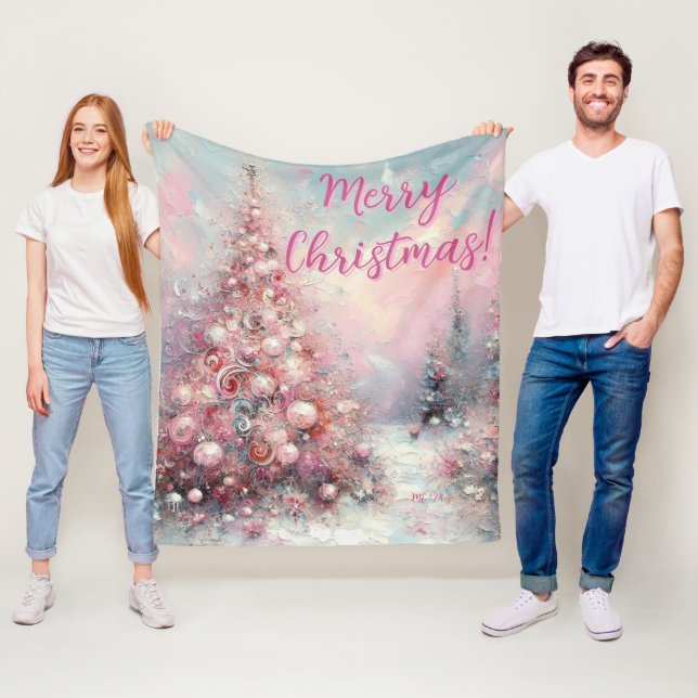 Whimsical Pink Christmas Tree Personalised Fleece Blanket (In Situ)