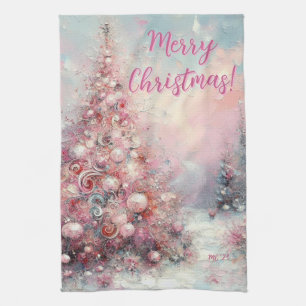 Whimsical Pink Christmas Tree Personalised Tea Towel