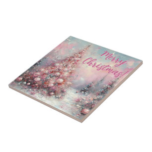 Whimsical Pink Christmas Tree Personalised Tile