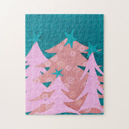 Whimsical Pink Christmas Trees Jigsaw Puzzle