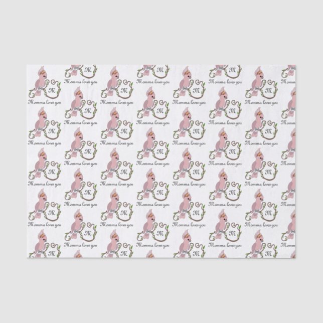 Whimsical Pink Cockatoo Monogram Tissue Paper (Front)