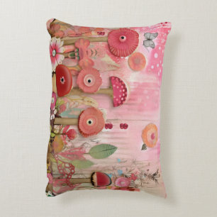 Whimsical Pink collage flower scene Decorative Cushion