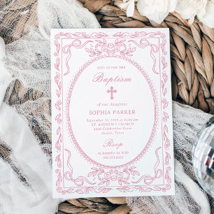 Whimsical Pink Coquette Frame Baptism Invitation