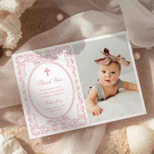 Whimsical Pink Coquette Frame Photo Baptism Thank You Card