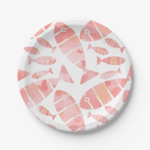 Whimsical Pink & Coral Watercolor Fish Pattern Paper Plate