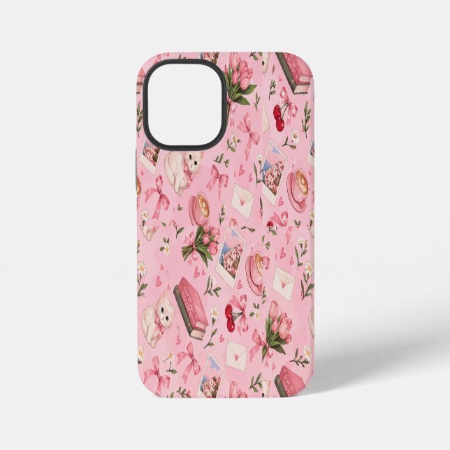 Whimsical Pink Cosy Kittens Floral Cherry Pattern iPhone Case (Back)