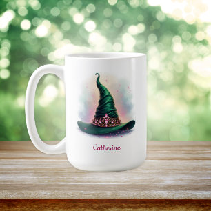 Whimsical Pink Crown & Green Witch Hat Coffee Mug