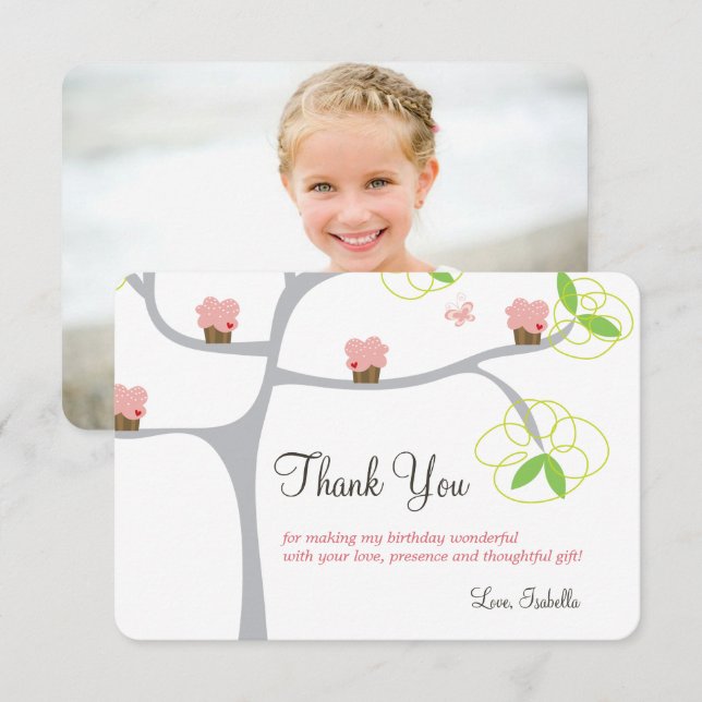 Whimsical Pink Cupcakes Tree Kid's Birthday Photo Thank You Card (Front/Back)
