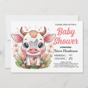 Whimsical Pink Digital Cow Baby Shower Invitation