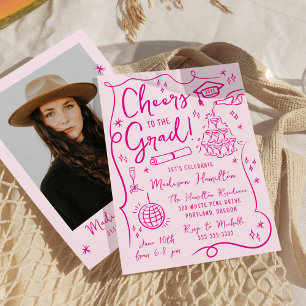 Whimsical Pink Doodles Photo Graduation Party Invitation