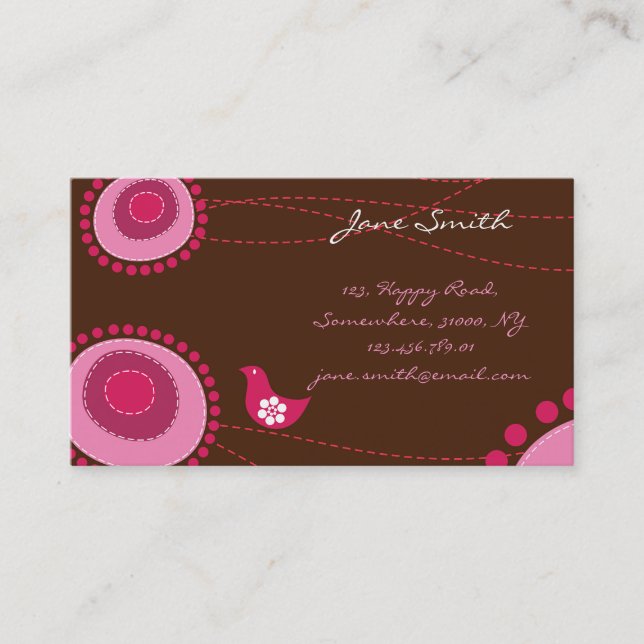 Whimsical Pink Dots Flowers Birds Chic Trendy Cute Business Card (Front)