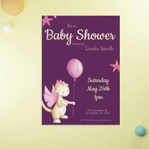 Whimsical Pink Dragon & Balloon Girl Baby Shower  Invitation
