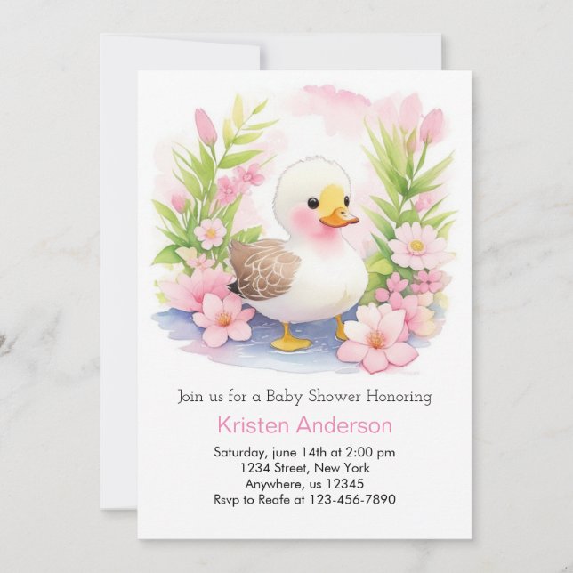Whimsical Pink Duck Watercolor Girl Baby Shower Invitation (Front)