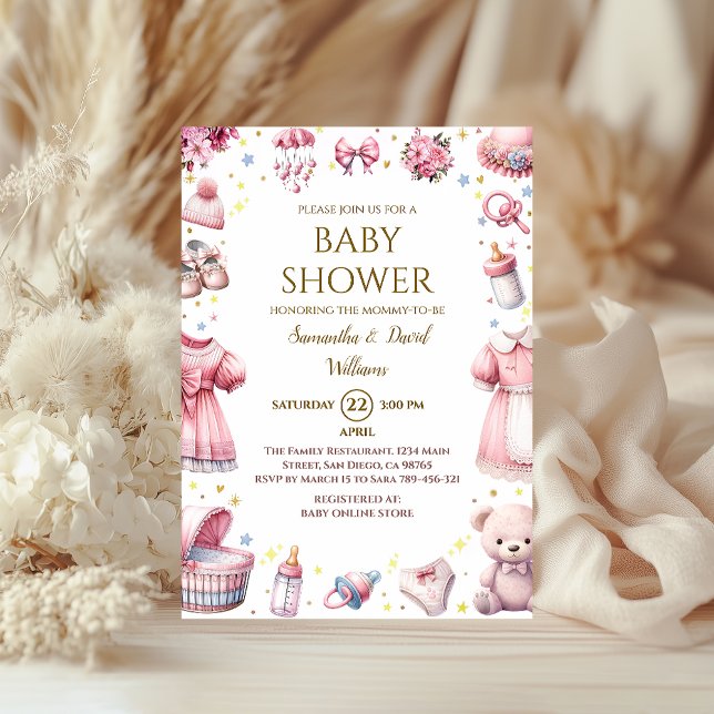Whimsical Pink Elegant Baby Shower Floral Girl Invitation (Creator Uploaded)
