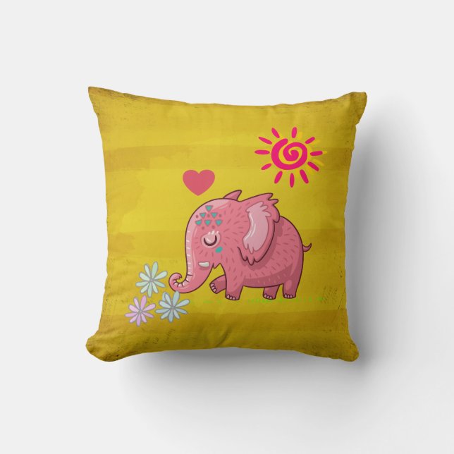 Whimsical Pink Elephant Smelling Some Daisies Cushion (Front)