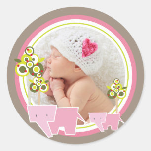 Whimsical Pink Elephants Family Baby Girl Photo Classic Round Sticker