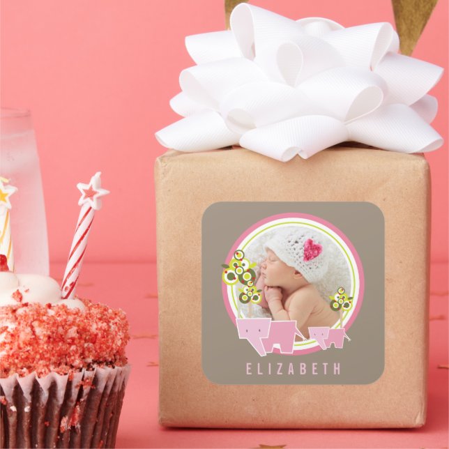 Whimsical Pink Elephants Family Baby Girl Photo Square Sticker (Party)