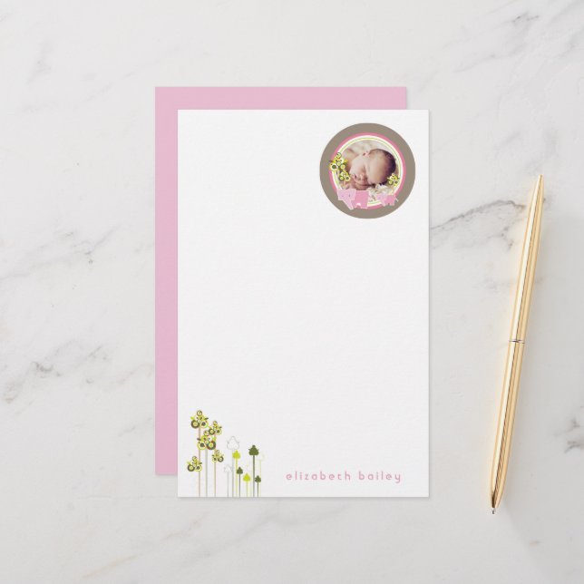 Whimsical Pink Elephants Family Baby Girl Photo Stationery (Front/Back In Situ)