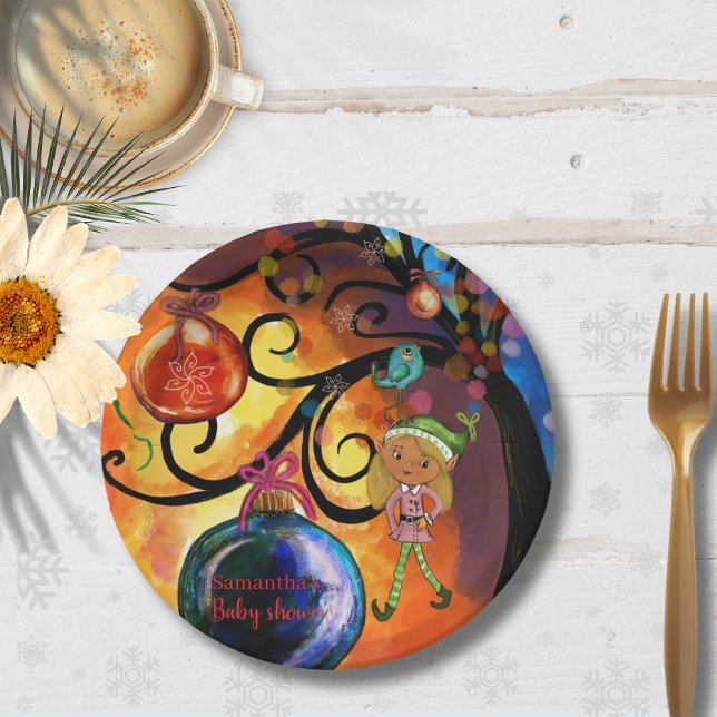Whimsical Pink Elf & Christmas Tree Baby Shower  Paper Plate (Whimsical Pink Elf & Christmas Tree Baby Shower Paper Plates)