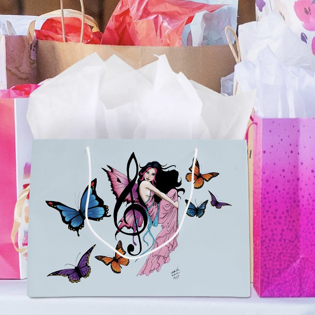 Whimsical Pink Fairy Blue Fantasy Music Note Large Gift Bag (Creator Uploaded)