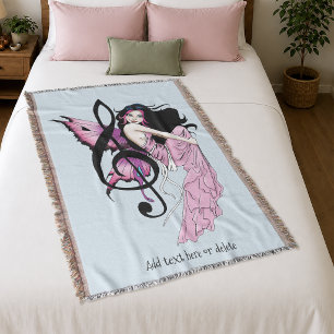 Whimsical Pink Fairy Blue Fantasy Music Note Throw Blanket