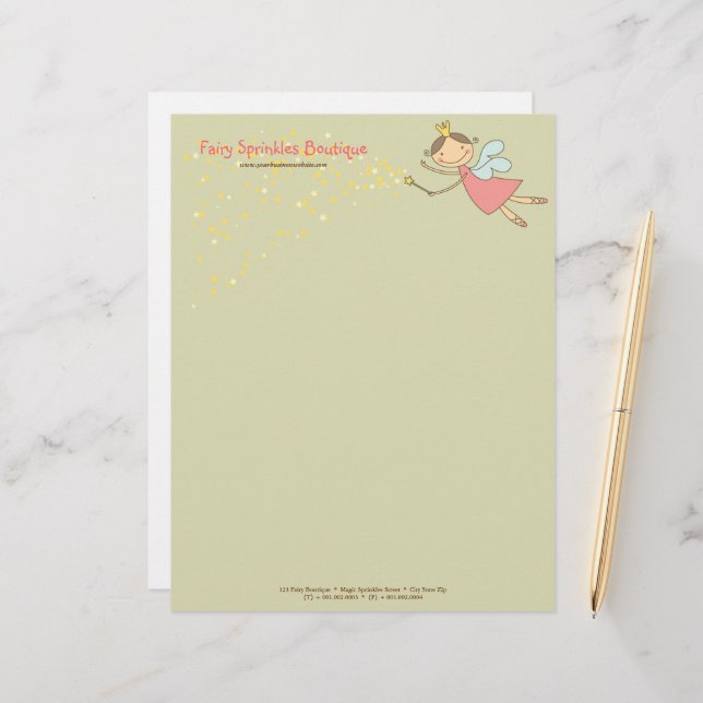 Whimsical Pink Fairy Princess And Magical Stars Letterhead Template (Front/Back In Situ)