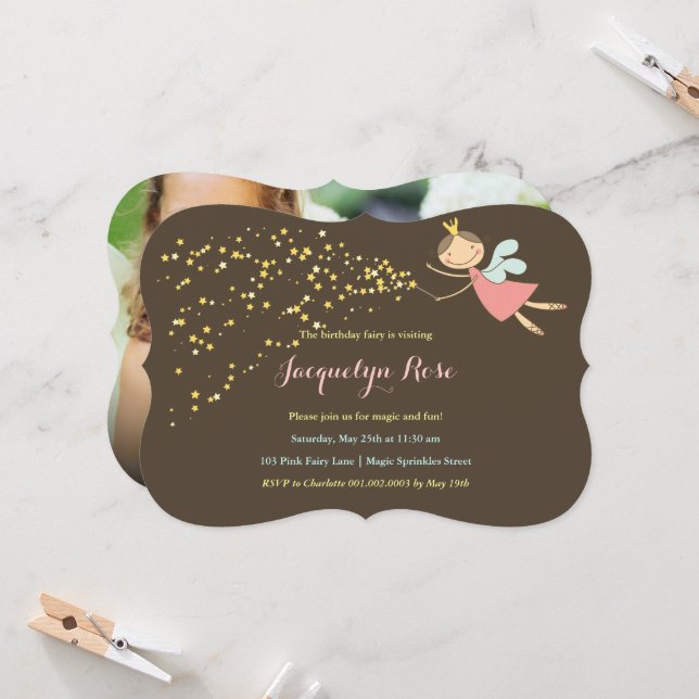 Whimsical Pink Fairy Princess Photo Girl Birthday Invitation (Front/Back In Situ)