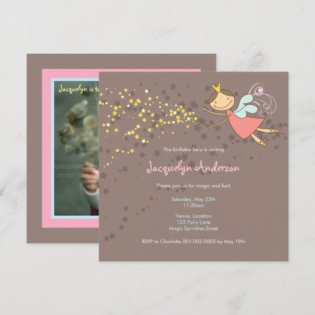 Whimsical Pink Fairy Princess Stars Girl Birthday Invitation (Front/Back)