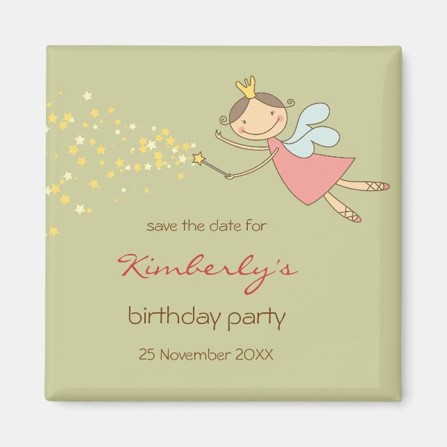 Whimsical Pink Fairy Princess Stars Girl Birthday Magnet (Front)