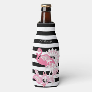 Whimsical Pink Flamingo Black and White Striped Bottle Cooler