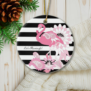 Whimsical Pink Flamingo Black and White Striped Ceramic Tree Decoration