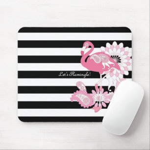 Whimsical Pink Flamingo Black and White Striped Mouse Mat