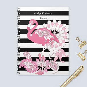 Whimsical Pink Flamingo Black and White Striped Notebook