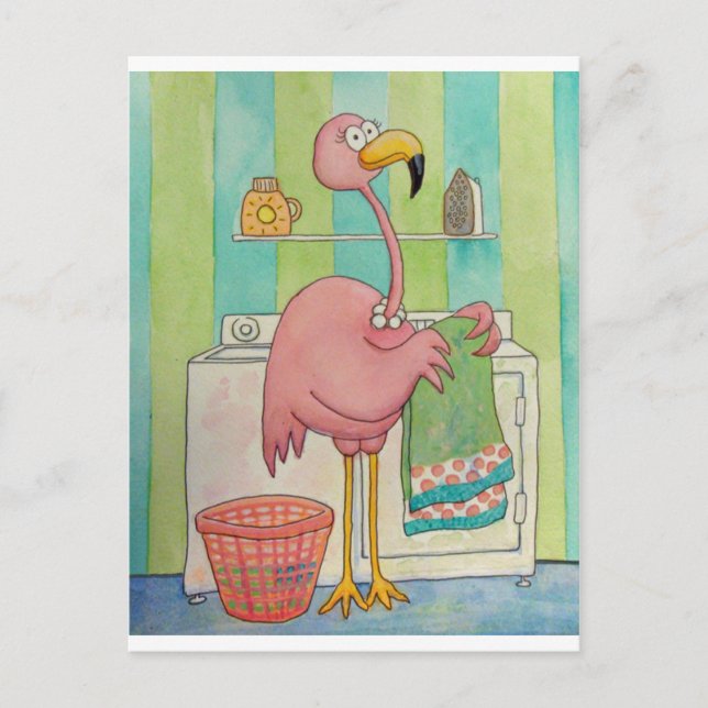 Whimsical Pink Flamingo Does Laundry Cute Postcard (Front)