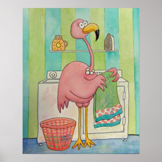 Whimsical Pink Flamingo Does Laundry Cute Poster (Front)